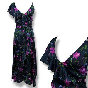 Borgo De Nor Silk Blend Snake Eye Botanical Print Ruffle Faux Wrap Dress 6